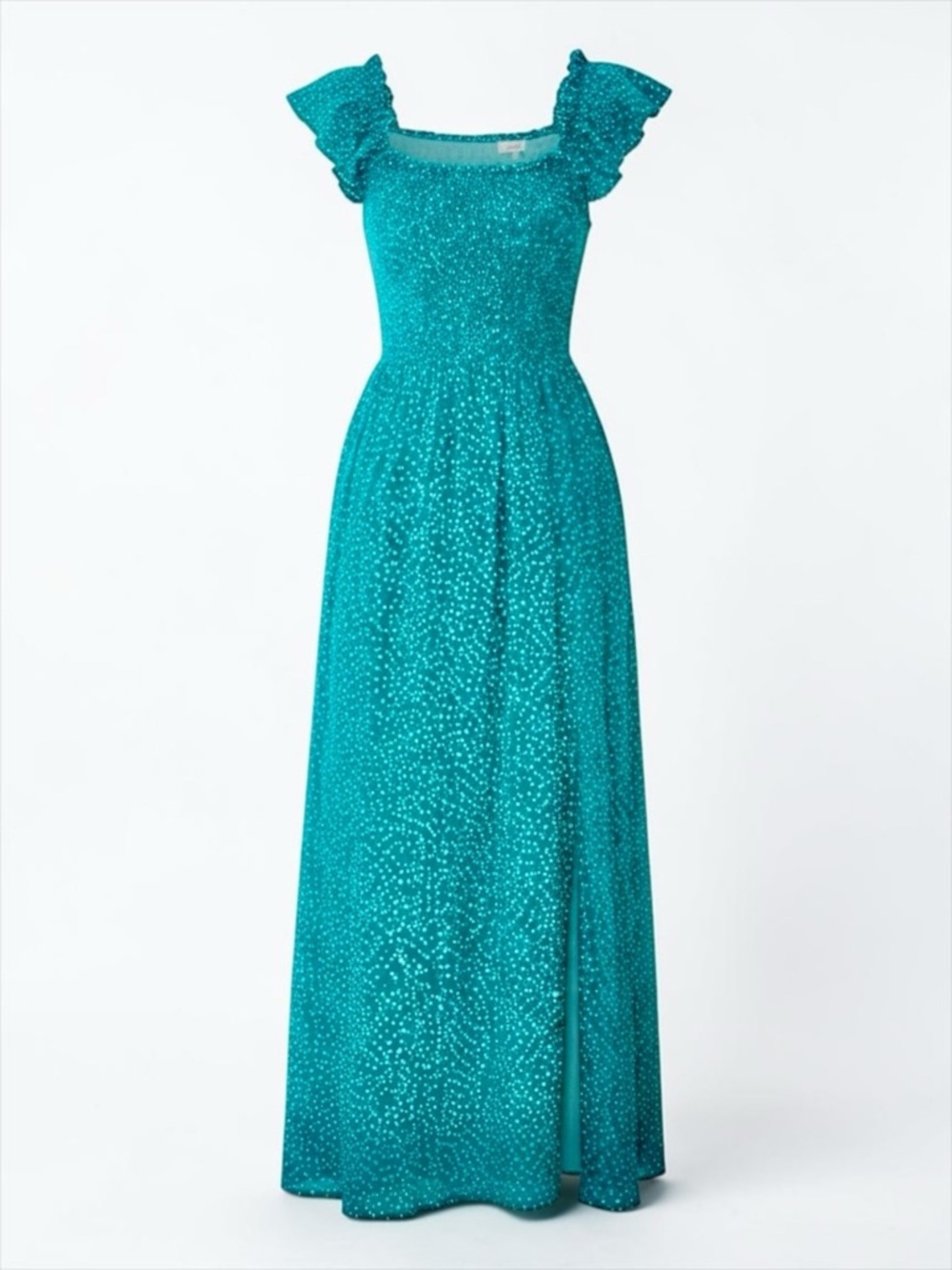 Tiare Hawaii Teal Printed Smocked Maxi Dress Ruffle Sleeve NWOT